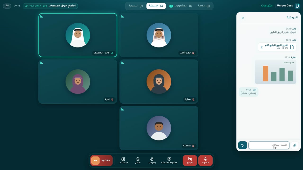 اجتماع في UniqueDesk: المشاركون بصورهم الشخصية والدردشة بالصور والملفات
